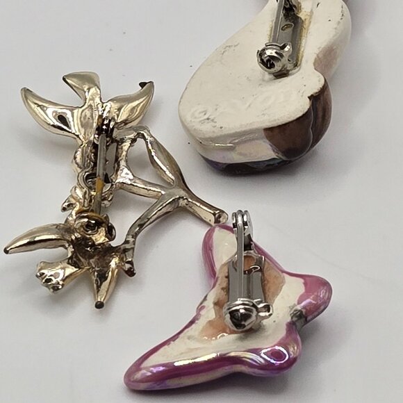 VTG AVON Brooch 3PC Set Porcelain Simease Cat Butterfly Birds Cottage MCM Whimsy - Picture 13 of 16